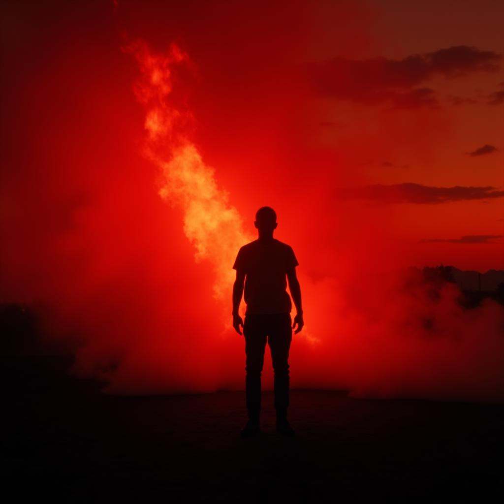 cinematic film still high contrast:1,  In "Red themed color",  a cinematic motion picture film of a person standing in fro...