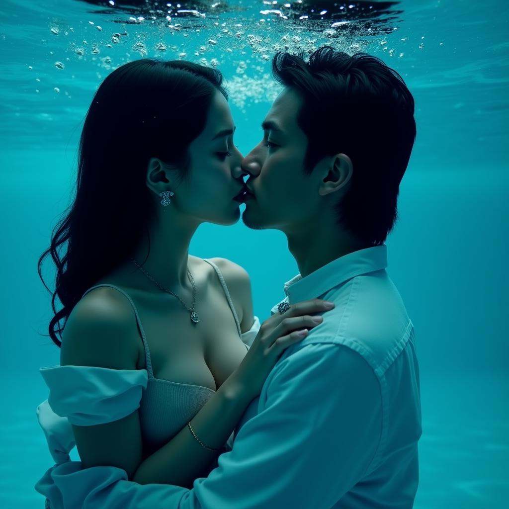 cinematic film still high contrast:1,  In "Cyan themed color",  a cinematic motion picture film of a man and woman kissing...