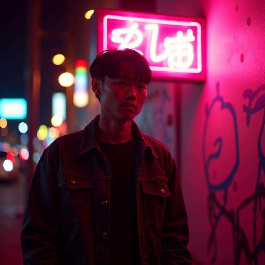 cinematic film still high contrast:1,  In "Magenta themed color",  a cinematic motion picture film of a man standing in fr...