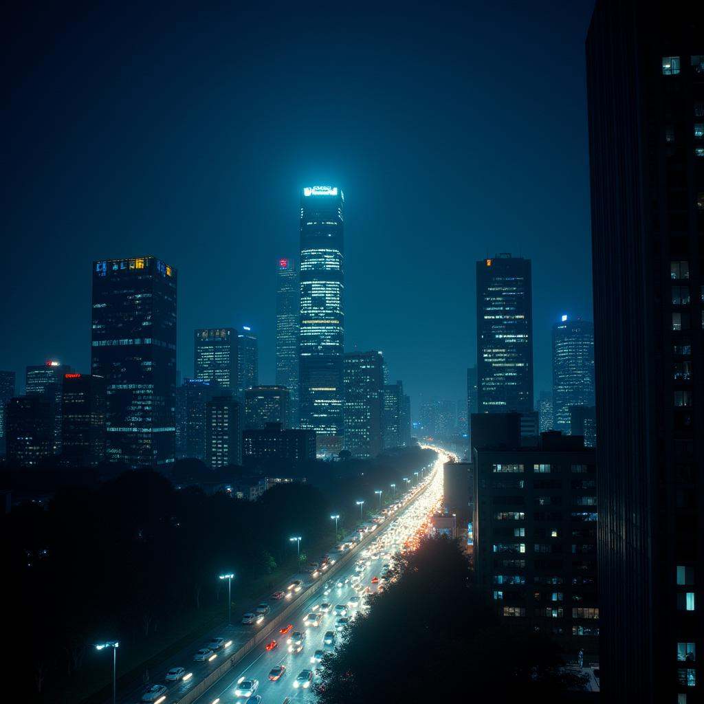 cinematic film still high contrast:1,  In "Blue themed color",  a cinematic motion picture film of a city at night with a...