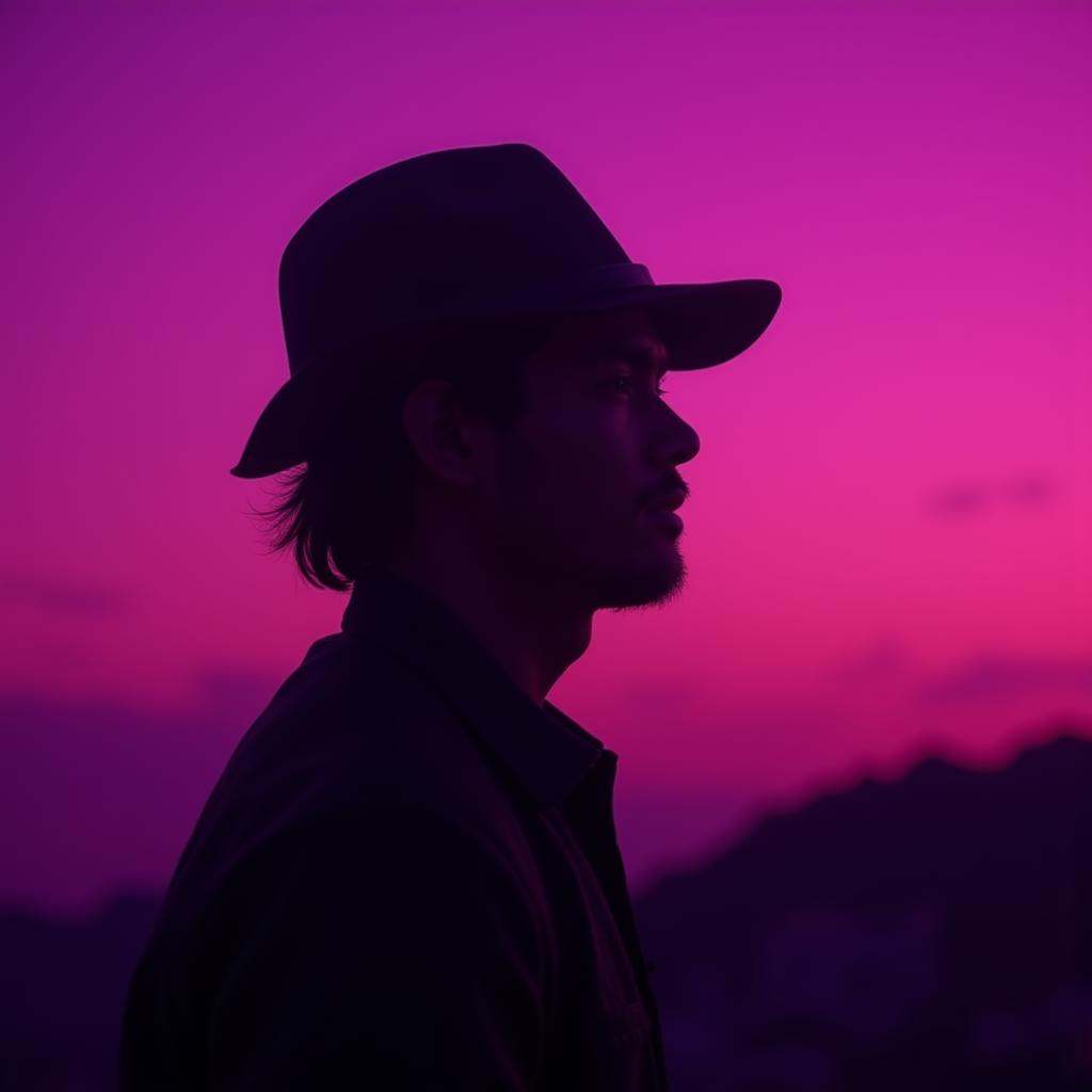 cinematic film still high contrast:1,  In "Purple Magenta themed color",  a cinematic motion picture film of a silhouette...