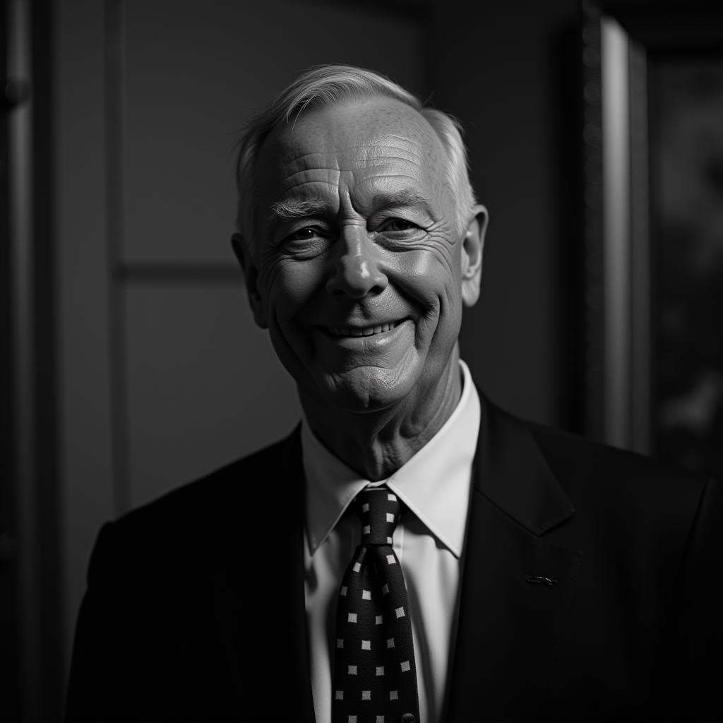 In "Black and White",  a cinematic motion picture film of a man in a suit and tie is smiling movie themed,  sharp on Tenso...