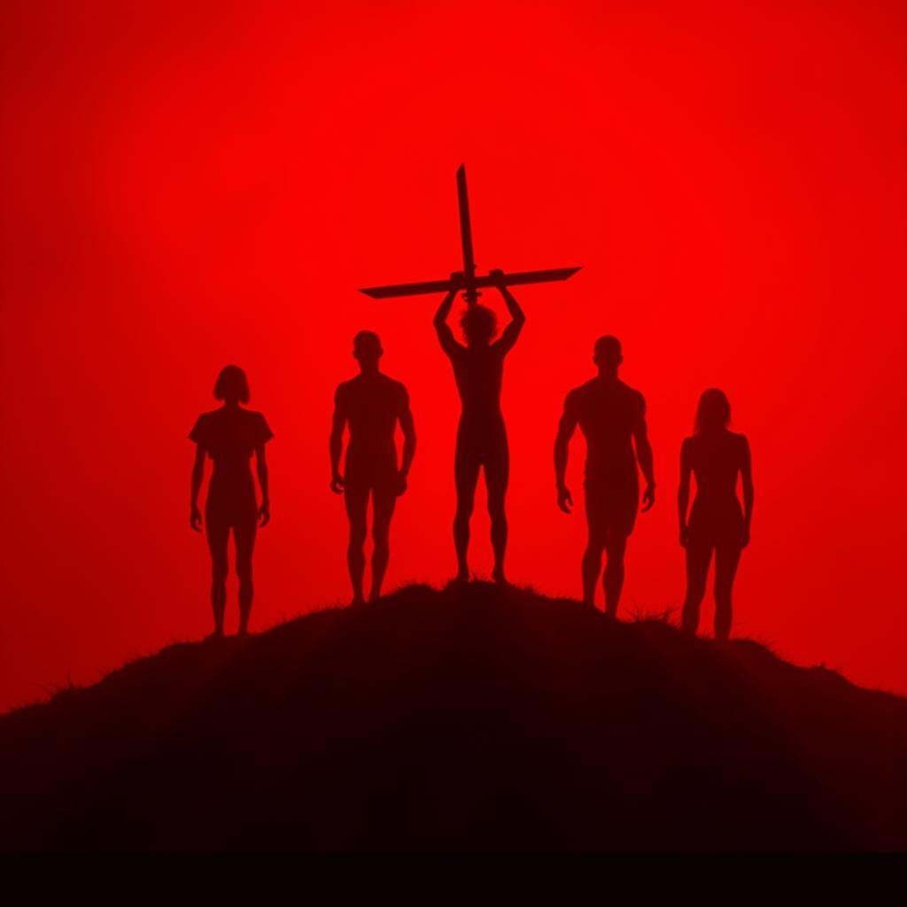 cinematic film still high contrast:1,  In "Red themed color",  a cinematic motion picture film of a group of silhouette pe...