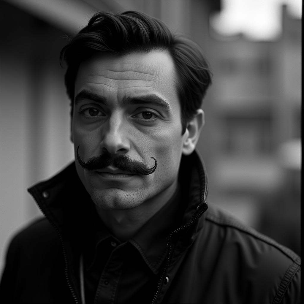 In "Black and White",  a cinematic motion picture film of a man with a mustache and a jacket movie themed,  sharp on Tenso...