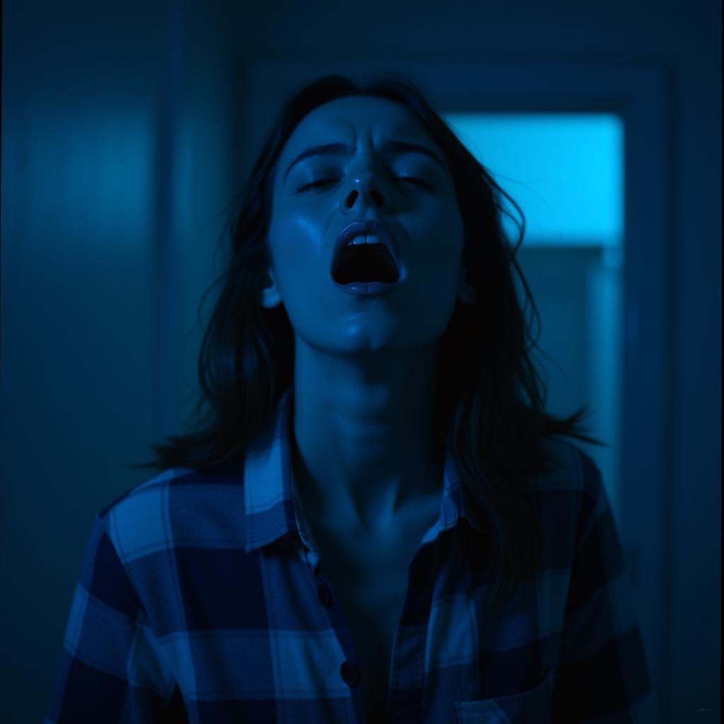 cinematic film still high contrast,  In "Blue themed color",  a cinematic motion picture film of a young woman screaming w...