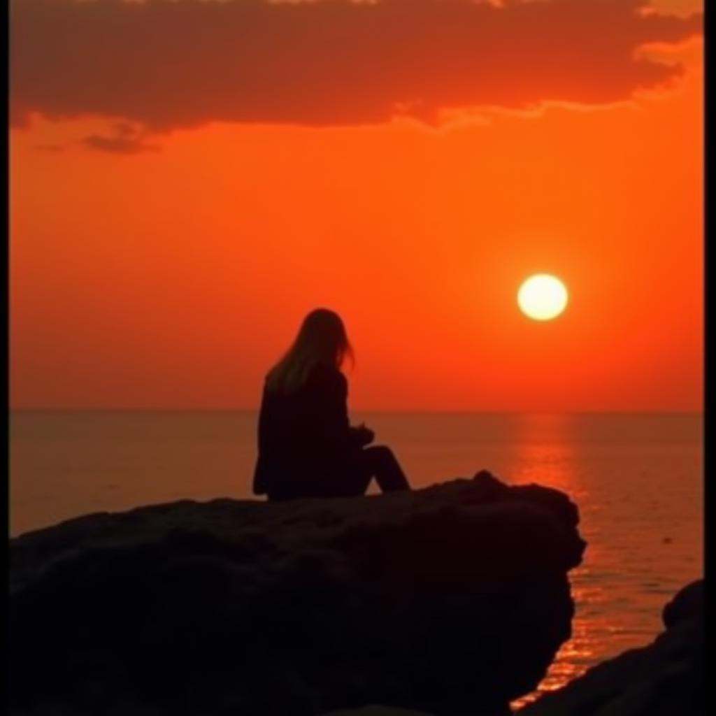 cinematic film still high contrast:1,  In "Orange themed color",  a cinematic motion picture film of a person sitting on a...