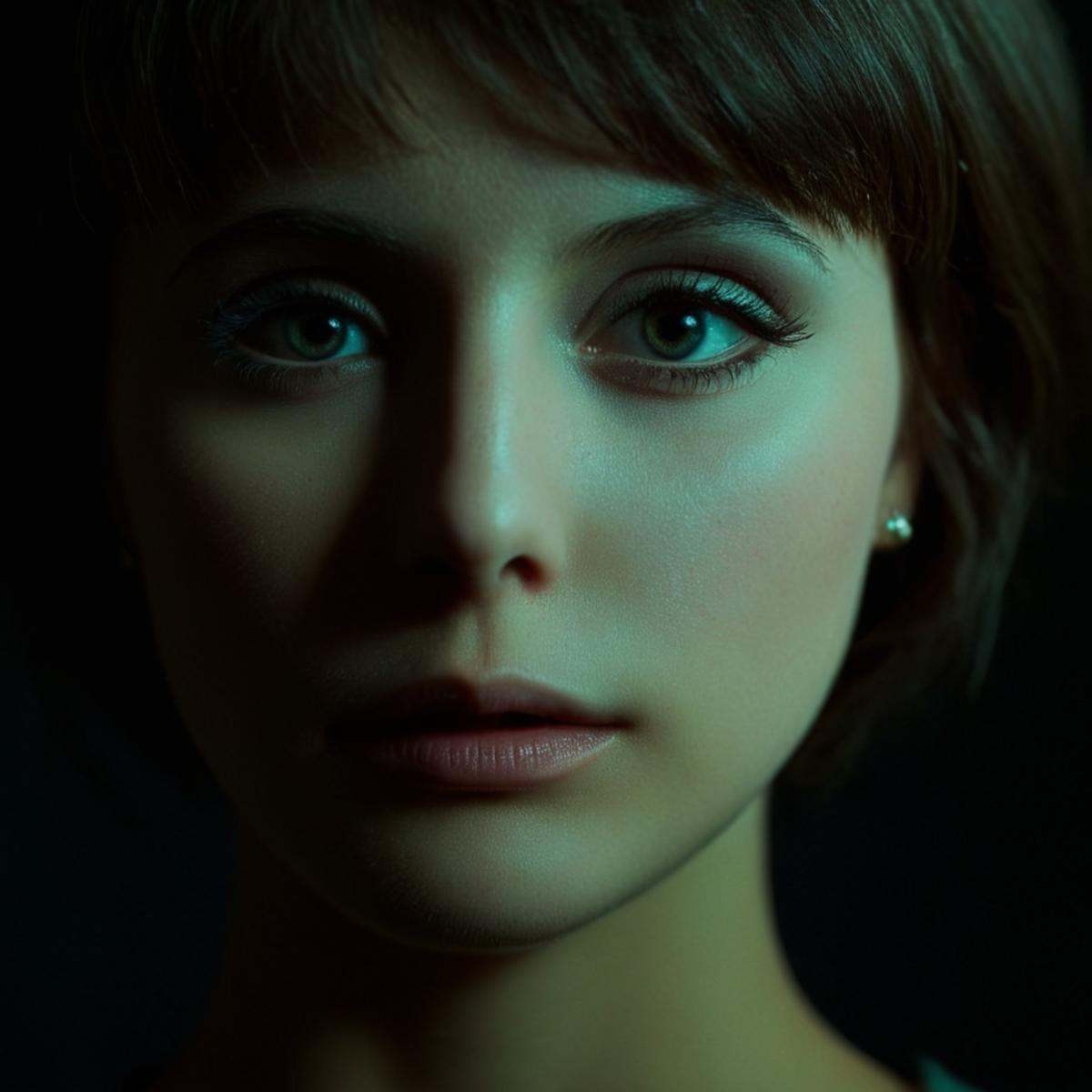 cinematic film still of 1 realism perfect Chiaroscuro Lighting Style In Rembrandt Lighting style a woman with a very big e...