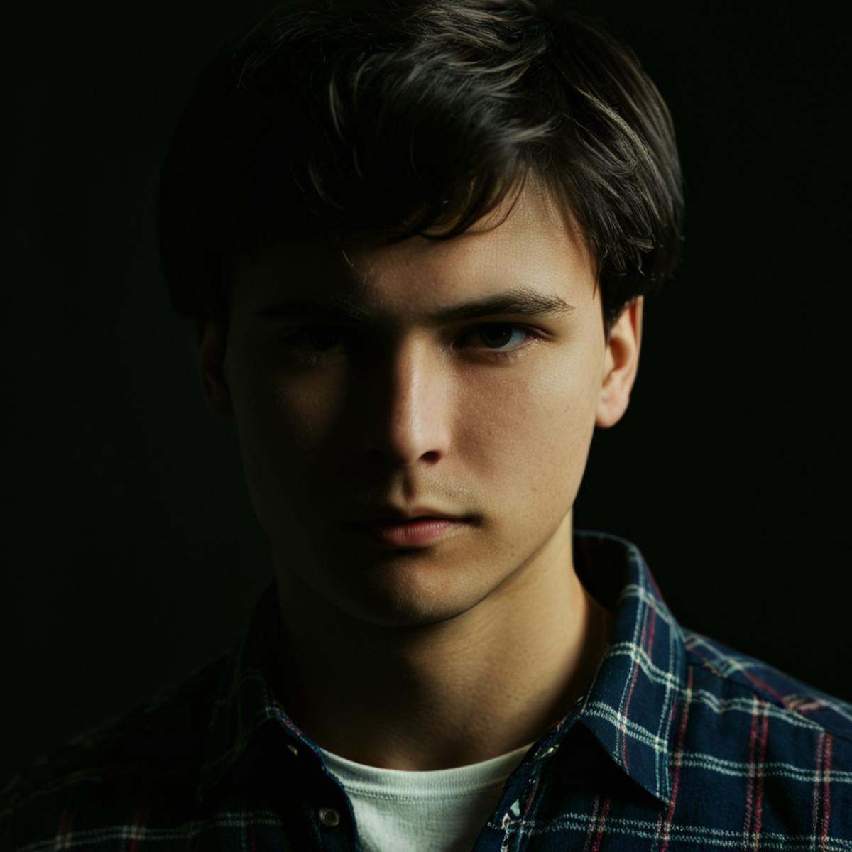 cinematic film still of 1 realism perfect Chiaroscuro Lighting Style In Rembrandt Lighting style a young man with a plaid...