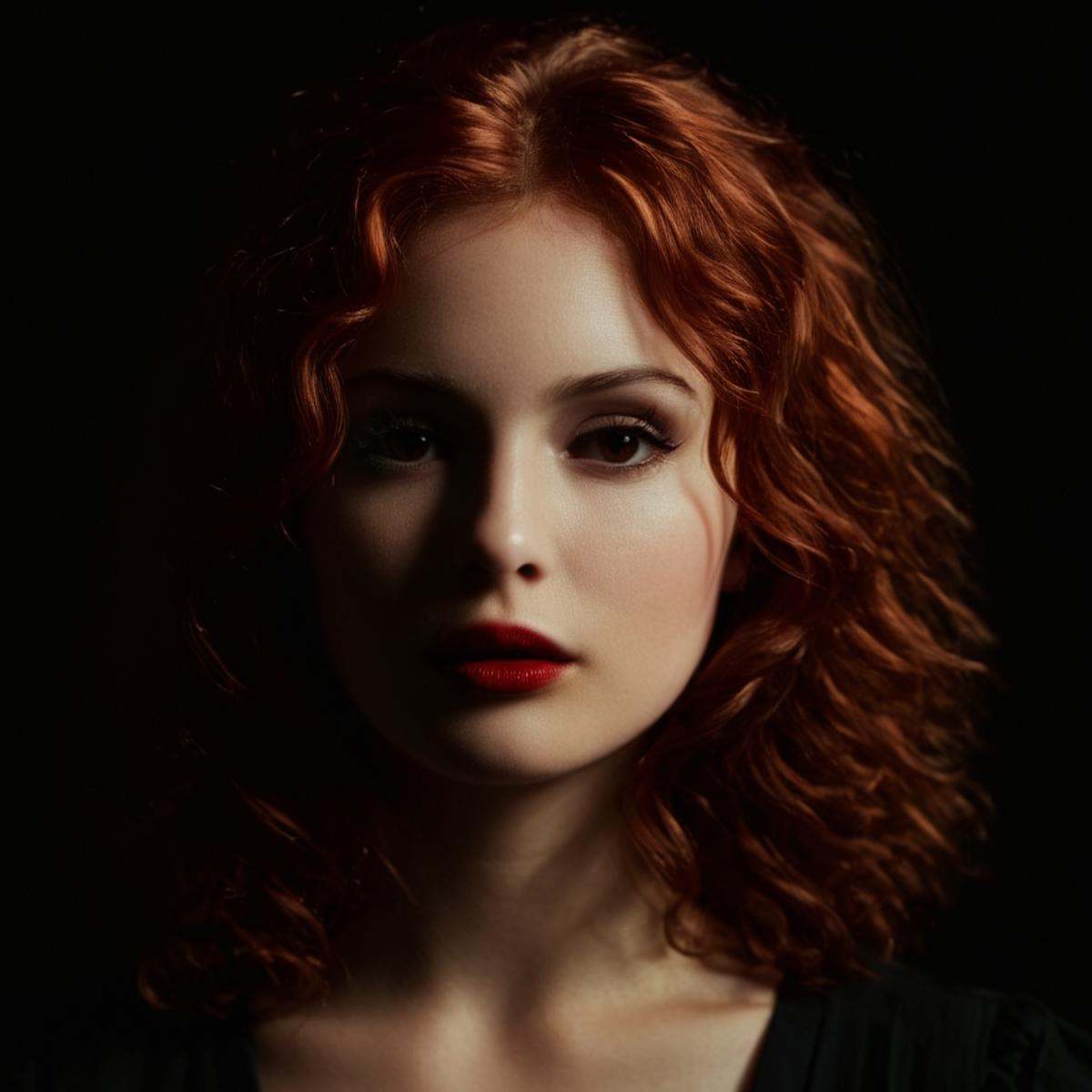 cinematic film still of 1 realism perfect Chiaroscuro Lighting Style In Rembrandt Lighting style a woman with red hair and...