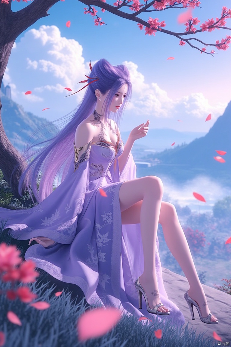 A serene 8K photo, eye shadow, red lips,  Added a whimsical atmosphere. delicate face, 
1girl, solo, long hair, purple hair, hair ornament, dress, sitting, full body, flower, outdoors, sky, cloud, purple dress, high heels, tree, legs, petals, bare legs, moon, grass, mountain, falling petals
﻿