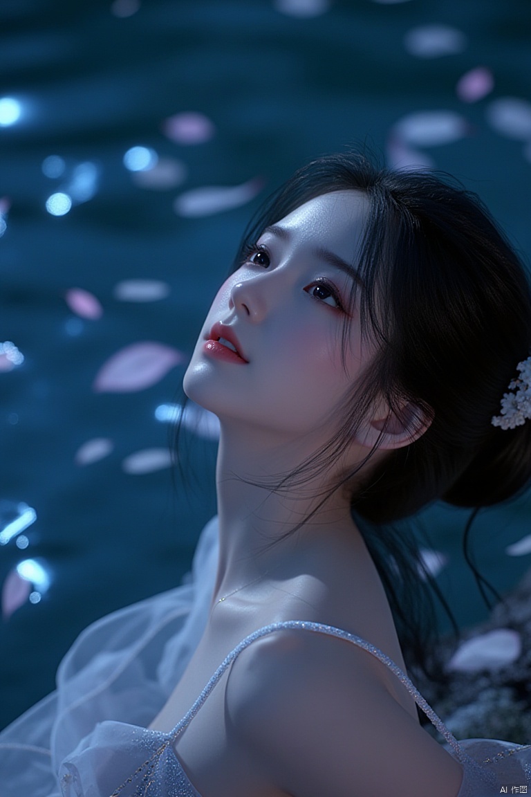A serene 8K photo, eye shadow, red lips,  Added a whimsical atmosphere. delicate face, 
Softly lit evening scene: a young woman's serene features illuminated by moonbeams dancing across the tranquil blue lake's surface. Her gaze upward, tears glistening, amidst shimmering petals. The cinematic lighting effect, with attention to real light and shadow, captures every detail in high resolution.
﻿