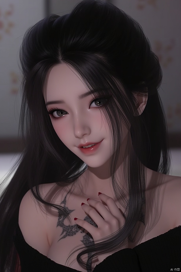 A serene 8K photo, eye shadow, red lips,  Added a whimsical atmosphere. delicate face, 
1girl, solo, long hair, looking at viewer, smile, black hair, sitting, collarbone, teeth, off shoulder, grin, sweater, messy hair, realistic
﻿