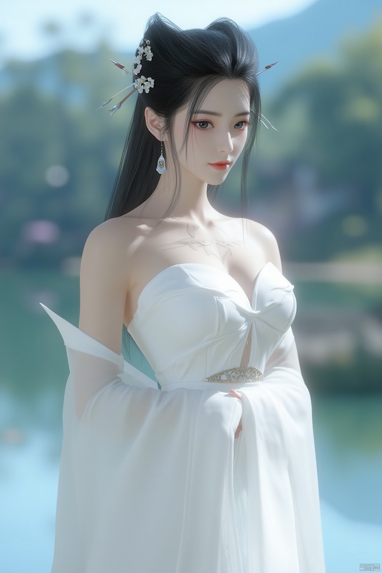 A serene 8K photo, eye shadow, red lips,  Added a whimsical atmosphere. delicate face, 
a young Asian woman dressed in a white strapless dress adorned with a white belt tied around her waist. Her hair is pulled back in a ponytail with a small white flower pinned into her hair. She is standing in front of a body of water with trees and a mountain in the background. The woman's eyes are a deep blue and her lips are a vibrant red adding a pop of color to the scene. The backdrop is blurred creating a peaceful and serene atmosphere. ,masterpiece,highly detailed,very aesthetic,highres
