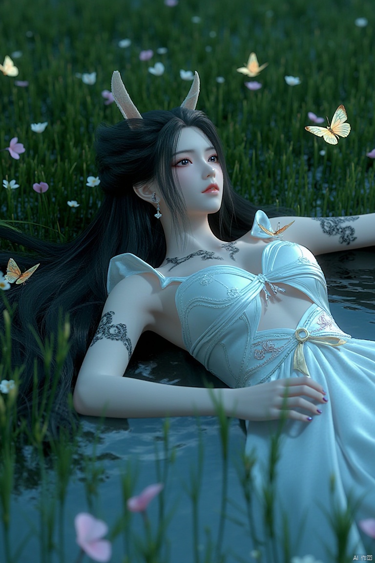 A serene 8K photo of a lonely girl (GG) lying on a lush green field, her long black hair cascading down her back like a waterfall. A delicate hair ornament adorns her hair, an elegant white apron embraces her slim figure, waist, apron, surrounded by petals and branches, makeup, eye shadow, red lips, a small butterfly perches on the edge of the earrings. Added a whimsical atmosphere. Wildflowers, butterflies, petals,make up, perspective, delicate face, pink eye shadow,rabbit ears,spread legs,lying on the water,water mist, light, and the Tyndall effect,night,moonlight,reflection,floodlight
A serene 8K photo of a lonely girl (GG) lying on a lush green field, her long black hair cascading down her back like a waterfall. A delicate hair ornament adorns her hair, an elegant white apron embraces her slim figure, waist, apron, surrounded by petals and branches, makeup, eye shadow, red lips, a small butterfly perches on the edge of the earrings. Added a whimsical atmosphere. Wildflowers, butterflies, petals,make up, perspective, delicate face, pink eye shadow,rabbit ears,spread legs,lying on the water,water mist, light, and the Tyndall effect,night,moonlight,reflection,floodlight
