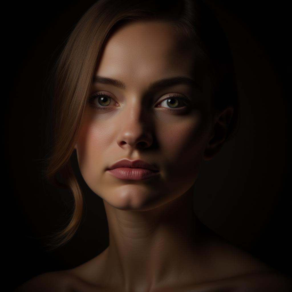 Hyperrealistic art a woman staring at viewers in Rembrandt Lighting style . Extremely high-resolution details,  photograph...