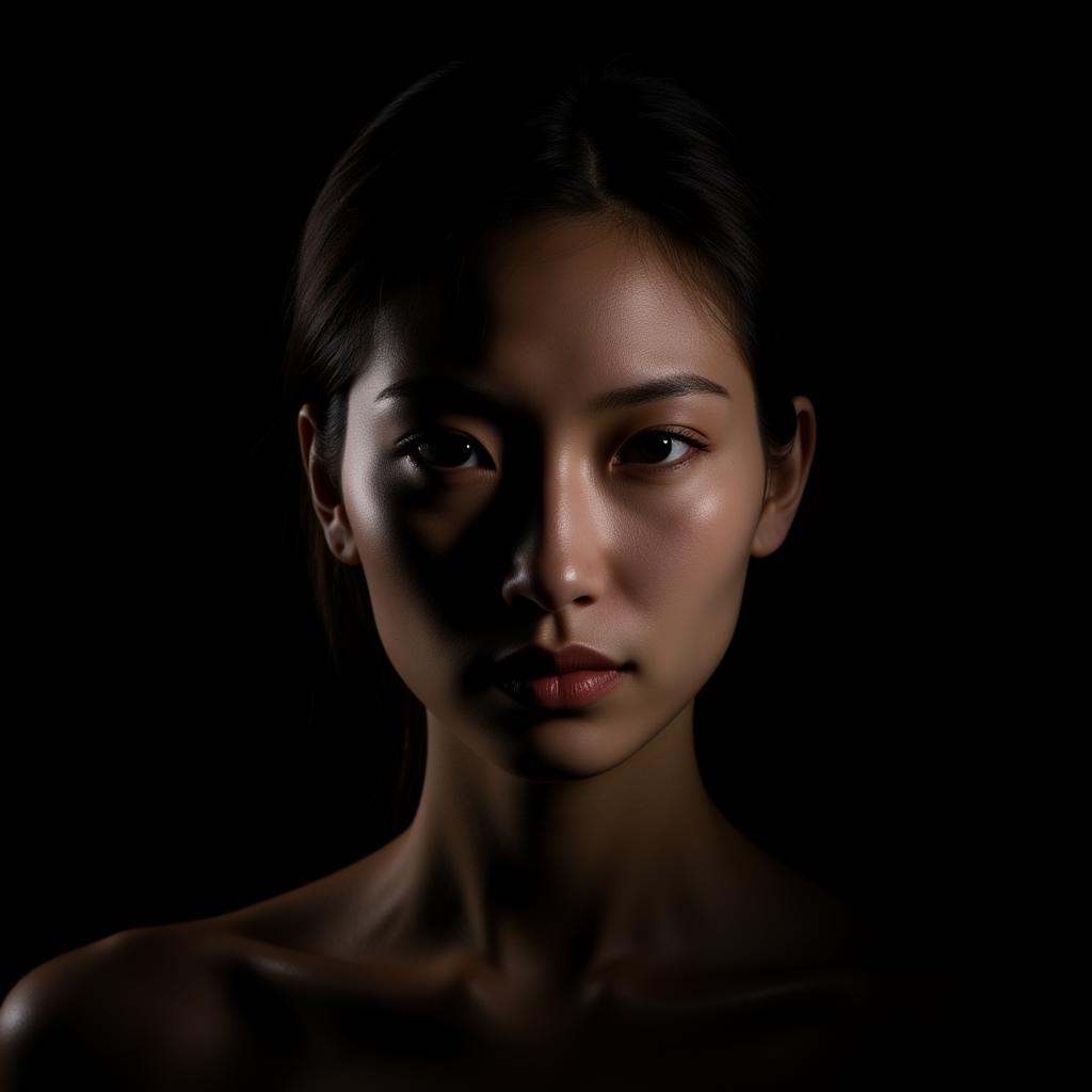 Hyperrealistic art an asian woman,  partially covered in shadows,  Rembrandt Lighting style . Extremely high-resolution de...