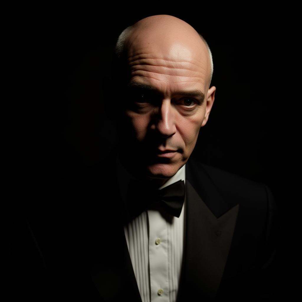Hyperrealistic art a bald man in a tuxedo and bow tie,  partially covered in shadows,  Rembrandt Lighting style . Extremel...