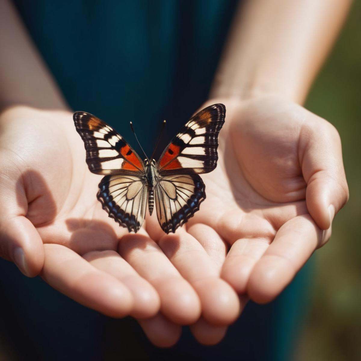 cinematic film still of a person holding a butterfly in their hand Perfect Hands,  shallow depth of field,  vignette on Te...
