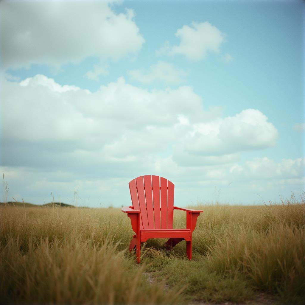 Film grain still image of a red chair sitting in a field with a cloudy sky,  outdoors,  sky on Tensor.Art