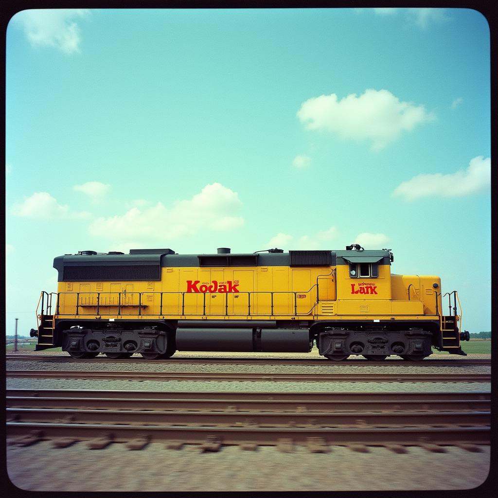 Film grain still image of a yellow train engine sitting on top of a track,  outdoors,  sky on Tensor.Art
