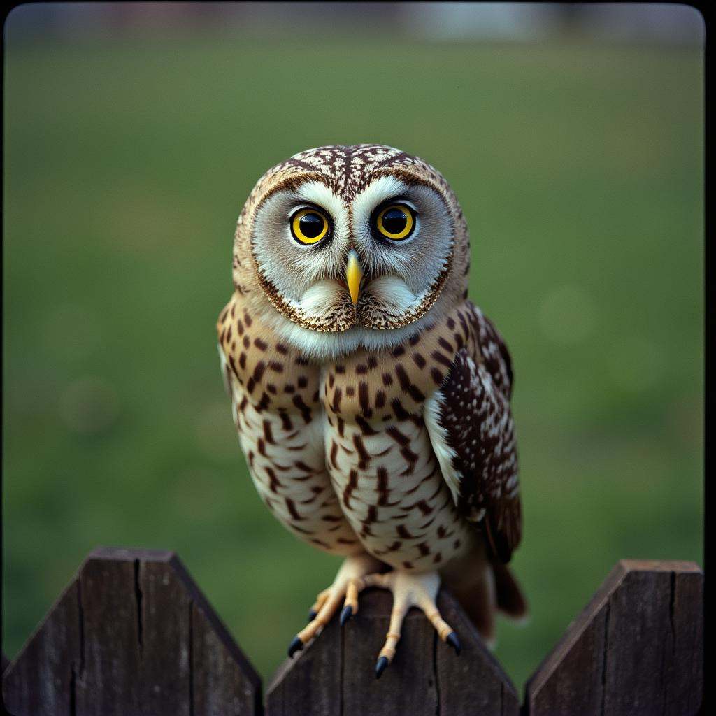 Film grain still image of a close up of a owl on a wooden fence,  solo,  looking at viewer on Tensor.Art