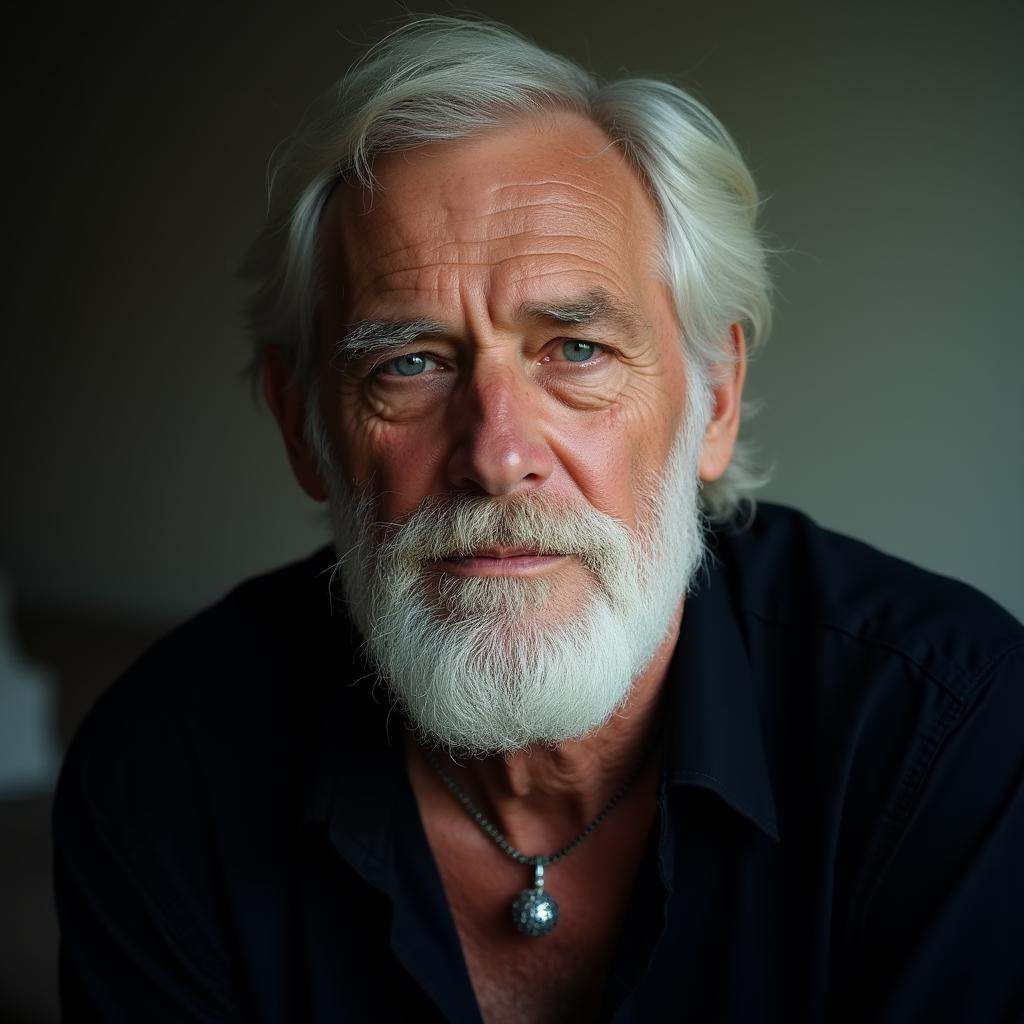 Film grain still image of a man with a white beard and a black shirt,  solo,  blue eyes on Tensor.Art