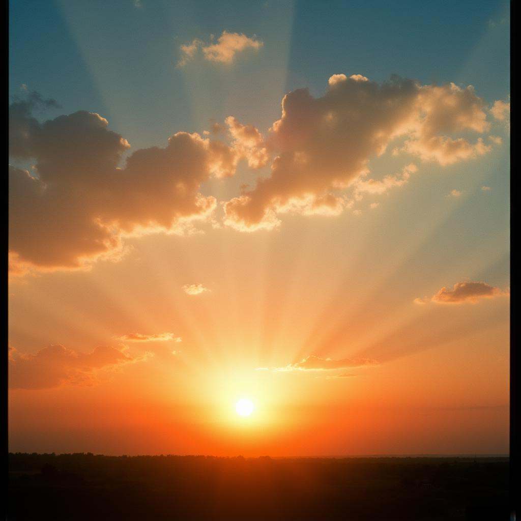 Film grain still image of a sunset with a few clouds in the sky,  outdoors,  sky on Tensor.Art
