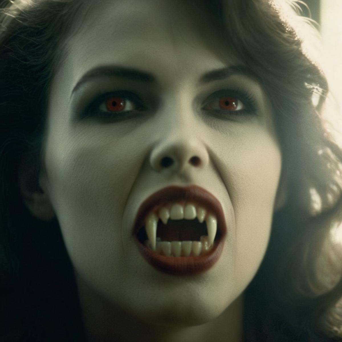 analog film photo of Diffused Light fill light a vampire woman with vampire's fangs teeth with a creepy face and a creepy...