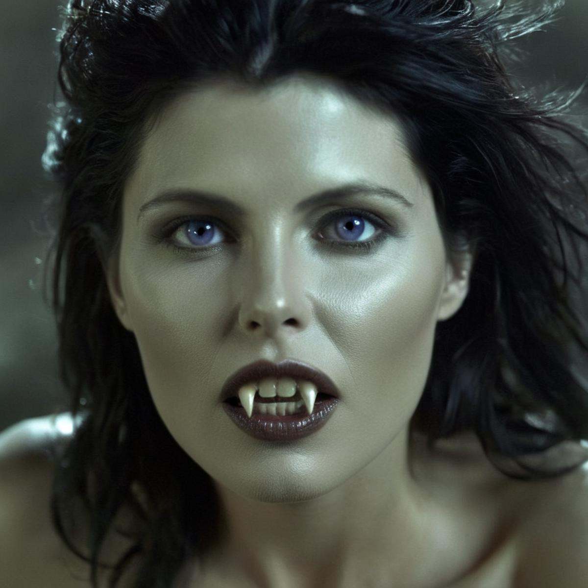 Dark Fantasy Art of Diffused Light fill lightSadie Frost an epic beauty goddess goldeyes vampire woman with vampire fangs...