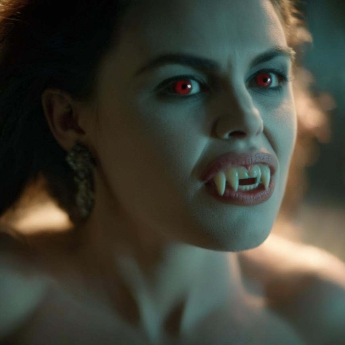 cinematic film still of Diffused Light fill light a very hot vampire woman with a very big naked breast and with vampire f...