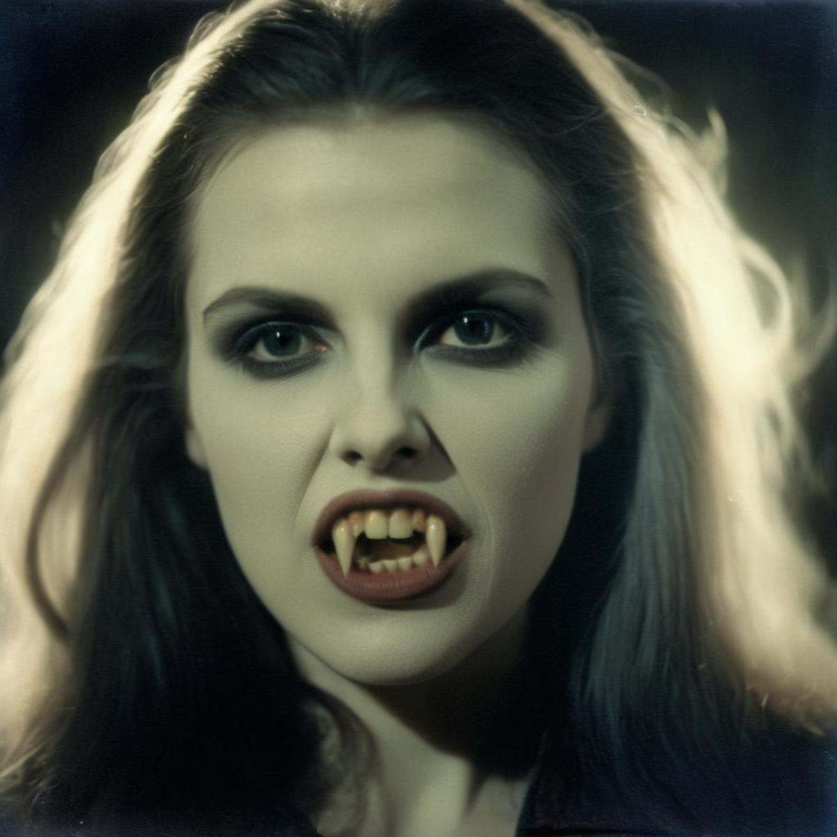 analog film photo of Diffused Light fill light a vampire woman with vampire's fangs teeth with a creepy face and a creepy...