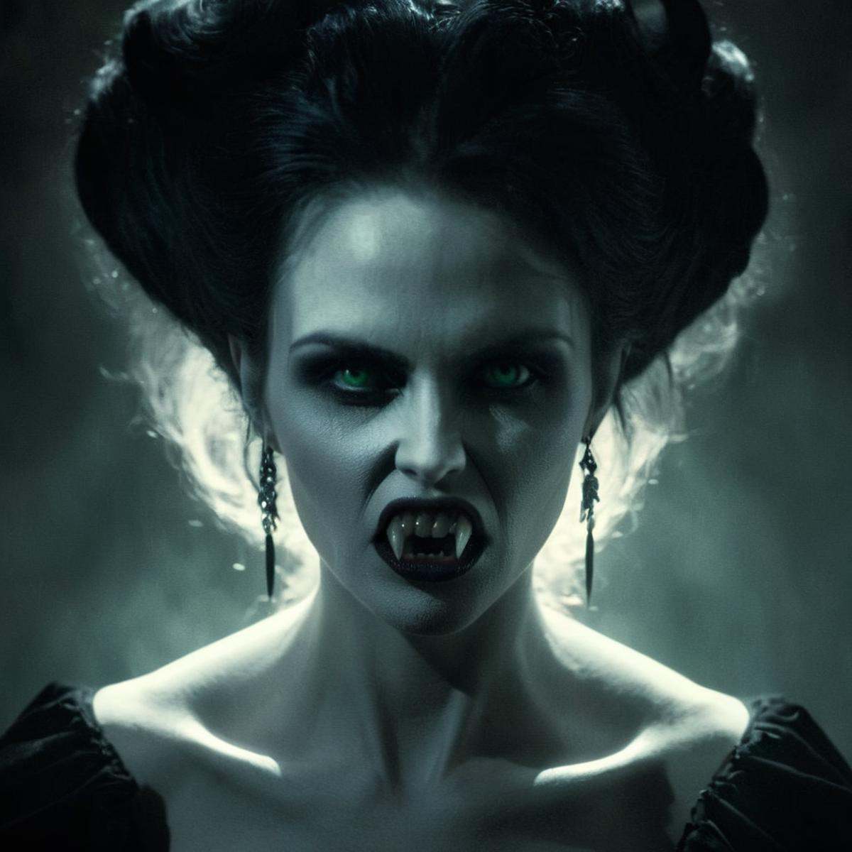 Dark Fantasy Art of Diffused Light fill light a vampire woman with vampire's fangs teeth with a creepy face and a creepy h...