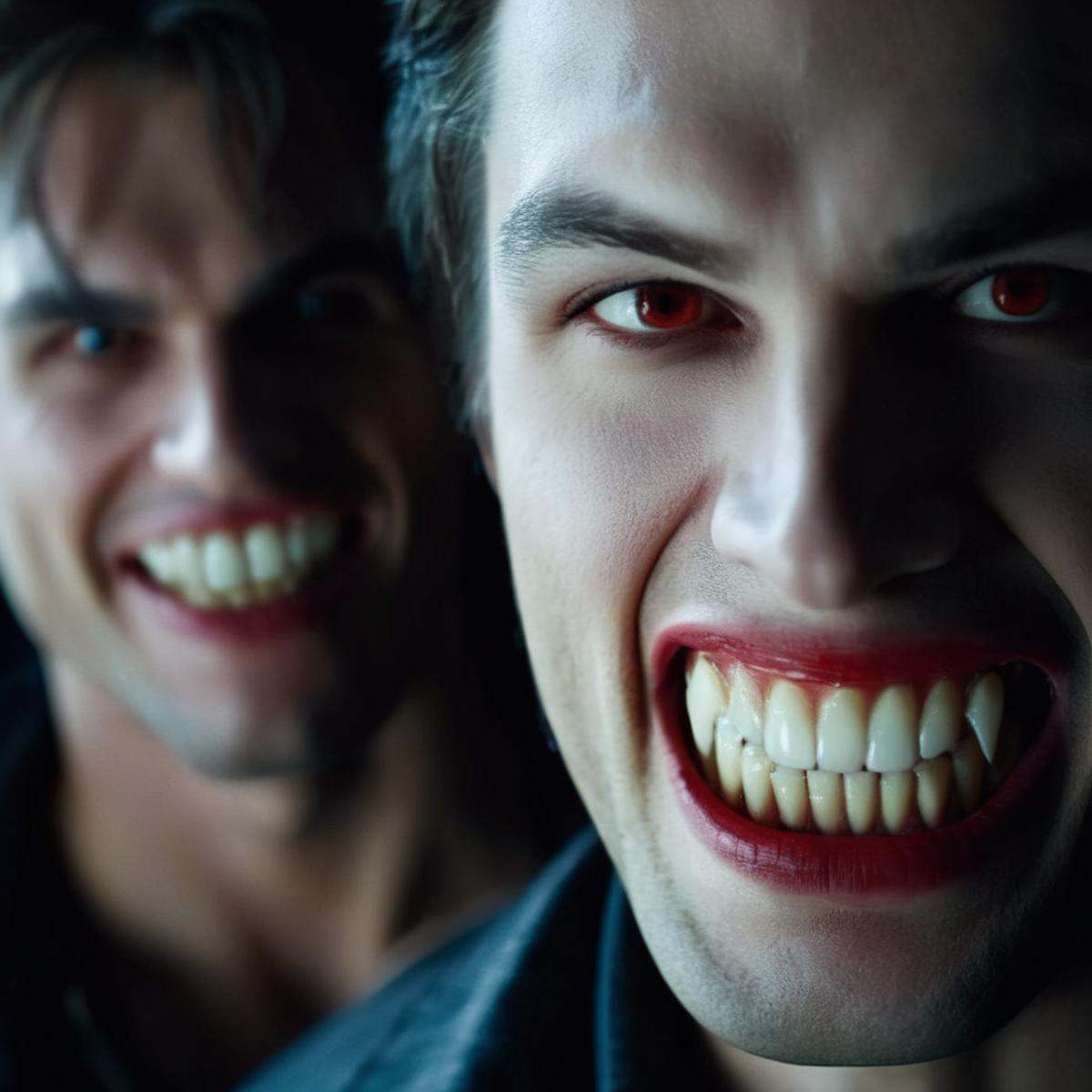 cinematic film still of a man with a big grin on his face and vampire's teeth vampire fangs teeth,  shallow depth of field...