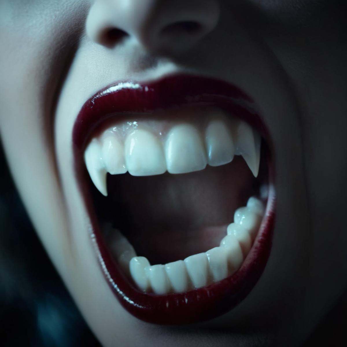 cinematic film still of vampire fangs teeth Cinematic Film Looka vampire woman with teeth open cinematic vampire fangs tee...