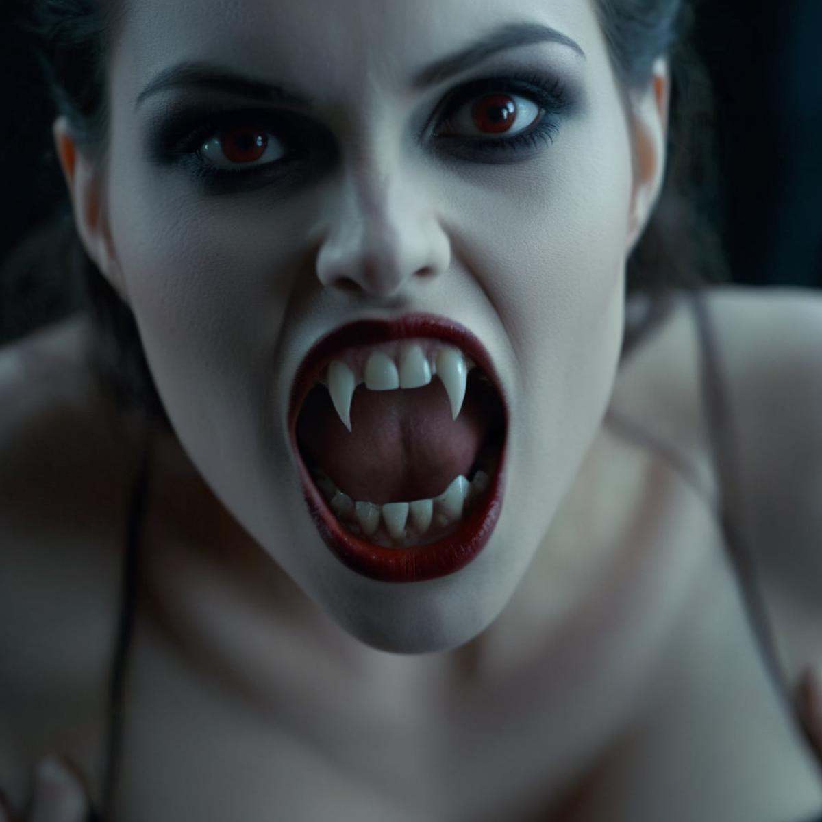 cinematic film still of a vampire woman with a very big breast posing naked vampire fangs teeth,  shallow depth of field,...