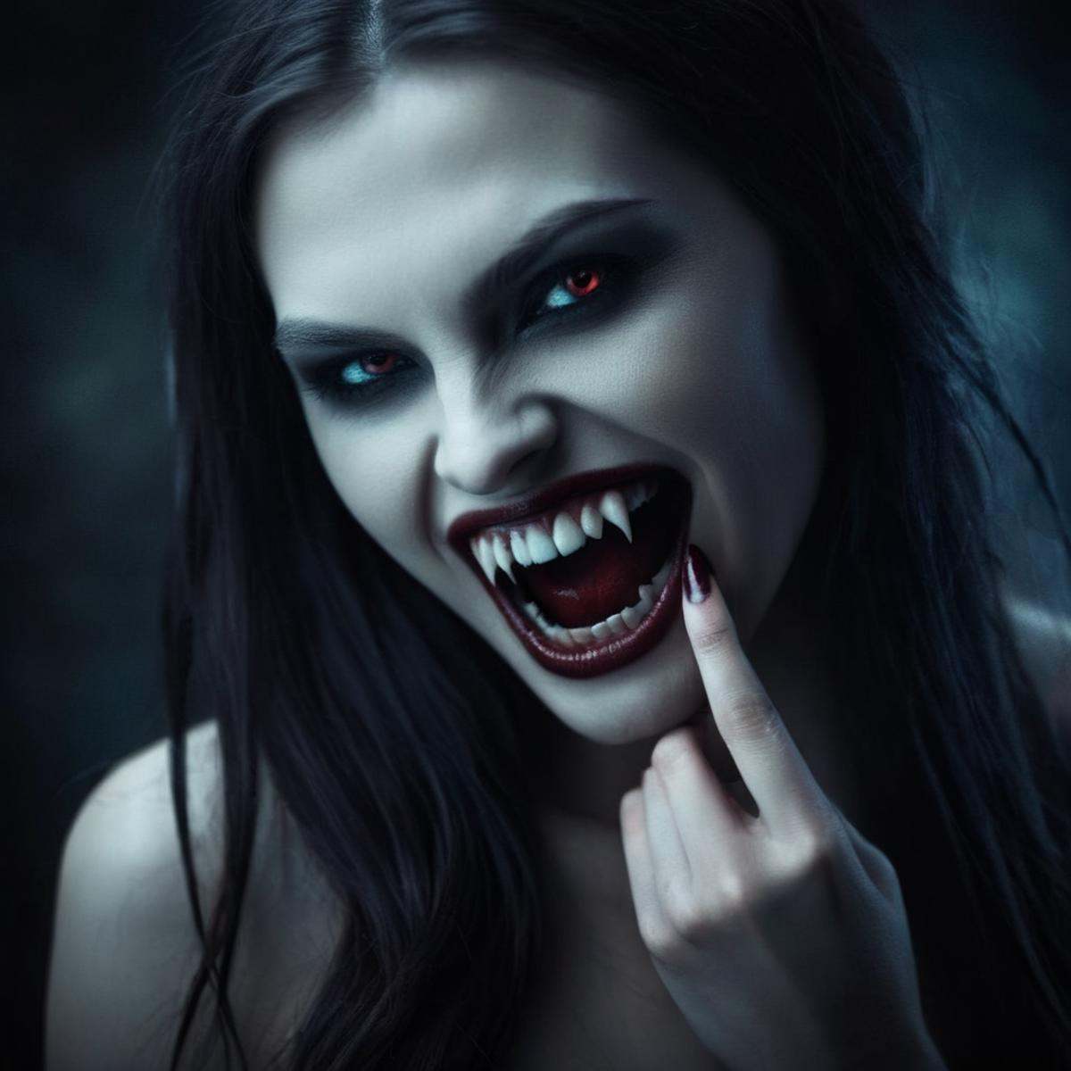 Dark Fantasy Art of Cinematic Film Looka woman with a very big smile on her face with vampire's teeth vampire fangs teeth,...