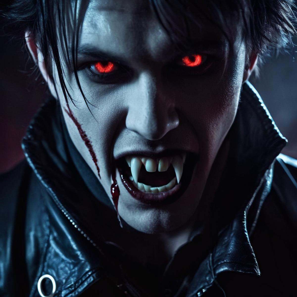 Dark Fantasy Art of Cinematic Film Looka man with a vampire's teeth and a leather jacket vampire fangs teeth,  dark,  mood...