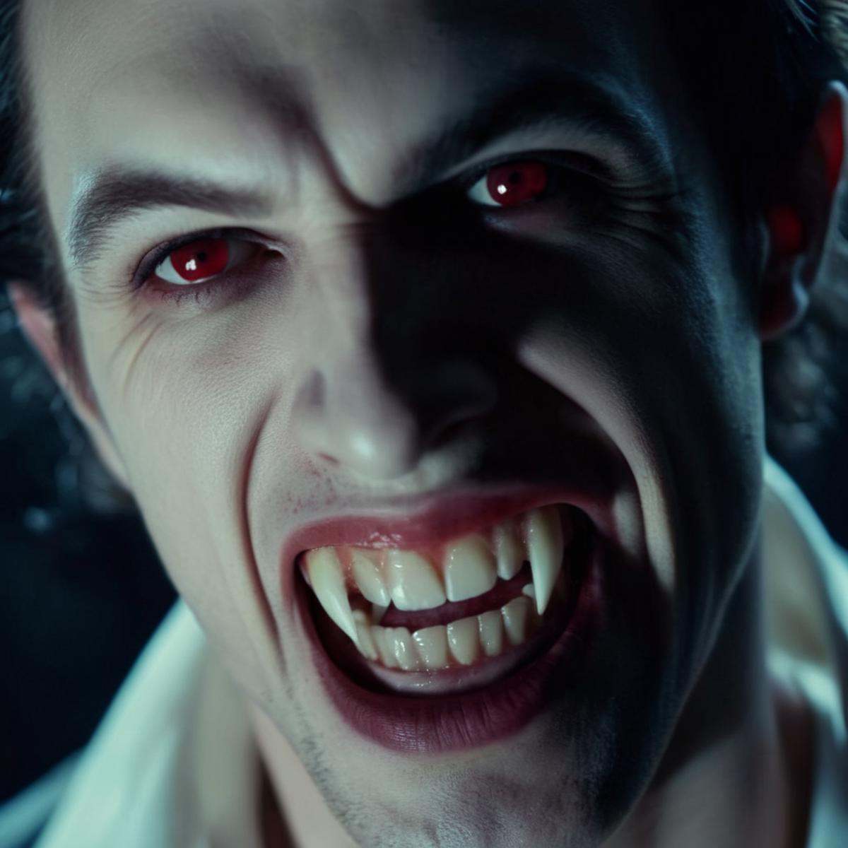 cinematic film still of a vampire man with a big grin on his face and vampire's teeth vampire fangs teeth,  shallow depth...