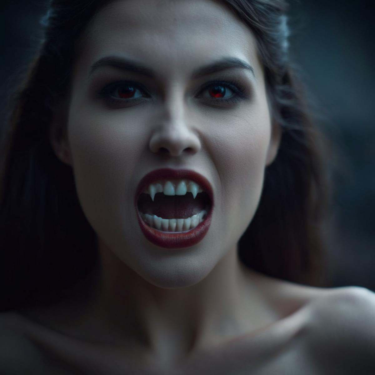 cinematic film still of vampire fangs teeth Cinematic Film Looka vampire woman posing naked with epic breasts cinematic va...