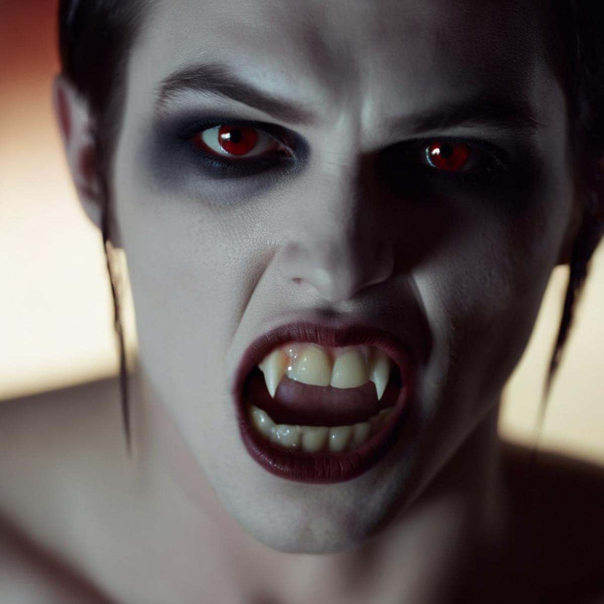 cinematic film still of a vampire is posing naked for playboy cinematic vampire fangs teeth,  shallow depth of field,  vig...