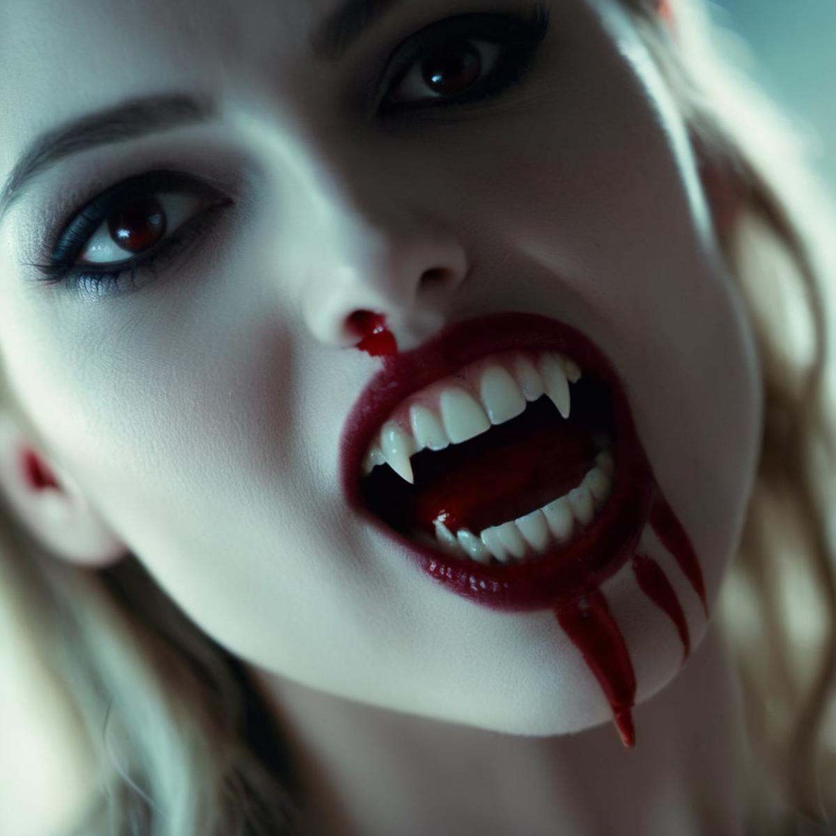 cinematic film still of Cinematic Film Looka pale skin vampire woman with a vampire's teeth and a blood stain on her face...