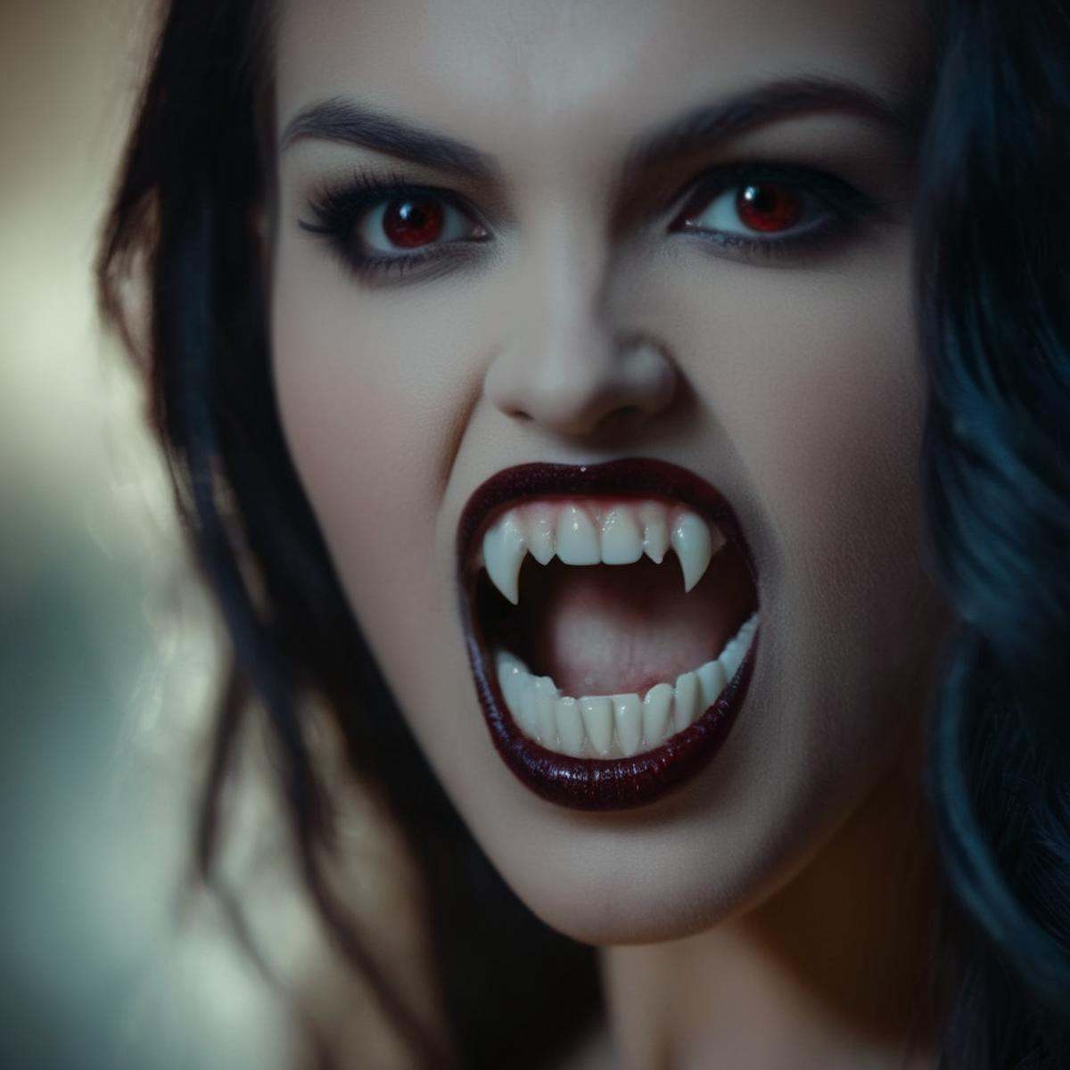 cinematic film still of vampire fangs teeth Cinematic Film Looka naked woman in a dress is posing for a picture vampire fa...