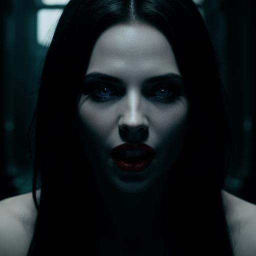 cinematic film still of Selene an underworld pale skin vampire woman with epic blue eyes and a black hair and vampire teet...