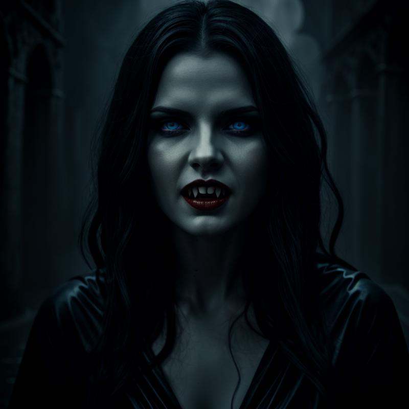Dark Fantasy Art of Vampire Fangs TeethFemale Vampire a wet woman with blue eyes is screaming with Vampire Fangs Teeth at...