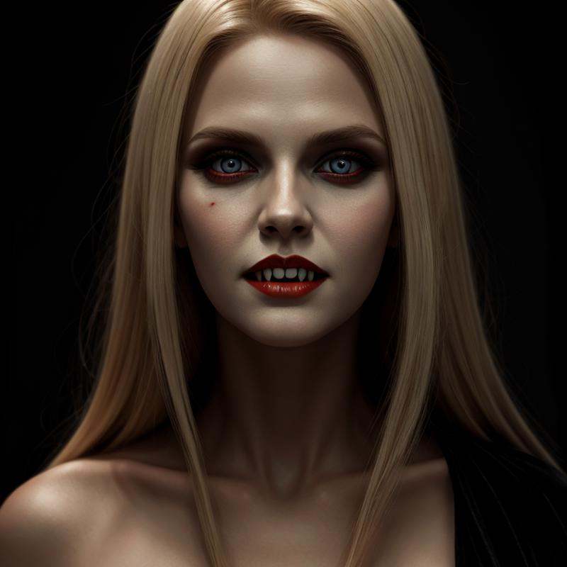 concept art of Vampire Fangs TeethFemale Vampire a very cute blonde young woman with a bloody face and a Vampire Fangs Tee...