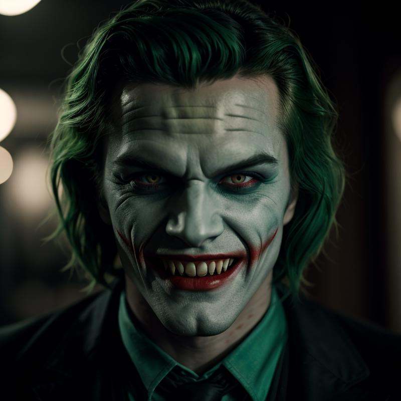 cinematic film still of Vampire Fangs TeethA man with green hair and a joker costume and Vampire Fangs Teeth staring at ca...