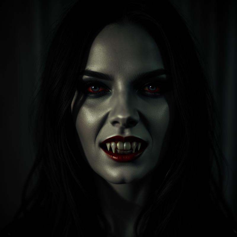 Dark Fantasy Art of Vampire Fangs TeethFemale Vampire a close up of a person with a tooth Vampire Fangs Teeth,  dark,  moo...