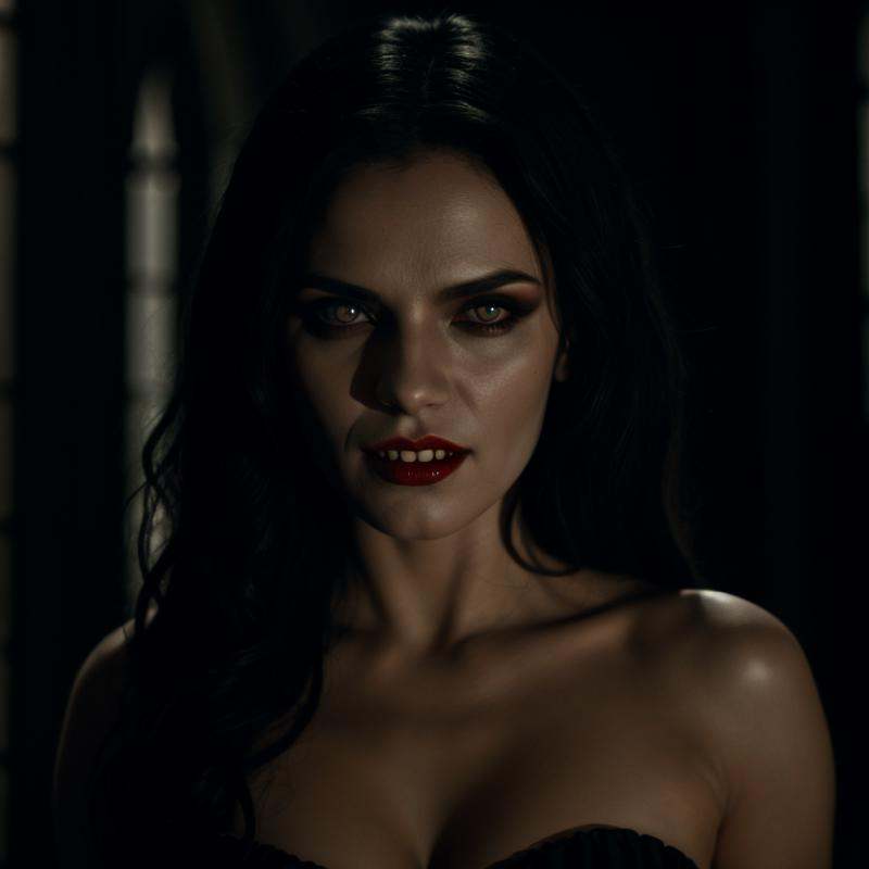cinematic film still of Vampire Fangs Teethin Greek mythology Female Vampire a woman with a gothic costume and Vampire Fan...