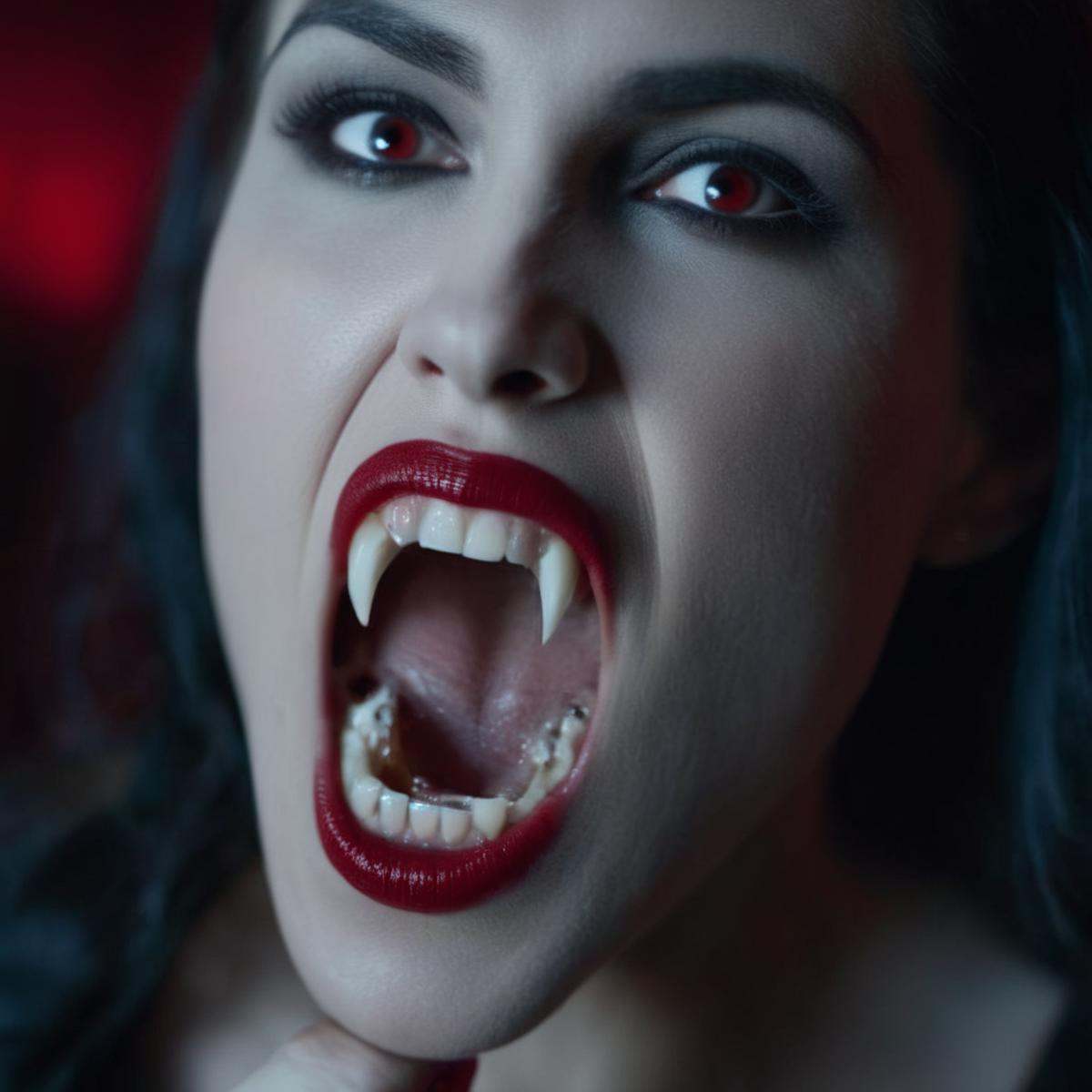cinematic film still of Female Vampire a vampire woman is opening her mouth and biting something with Vampire Fangs Teeth,...