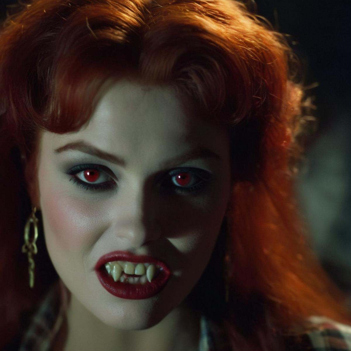 cinematic film still of frank frazetta painting of a Female Vampire a vampire woman with red hair and a plaid shirt and Va...